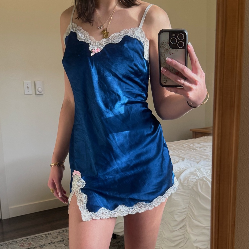 Victoria's Secret Blue Satin Chemise with Lace